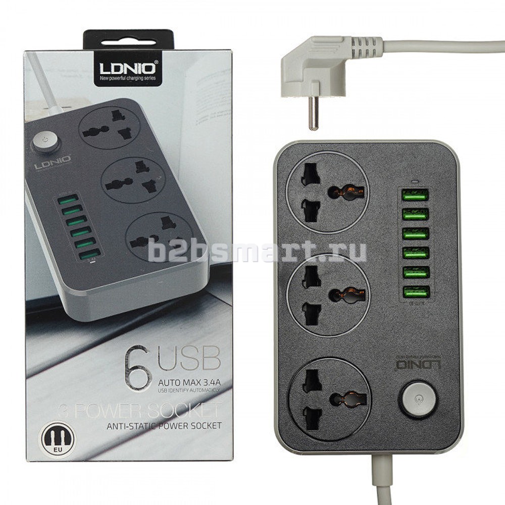 Сетевой фильтр Ldnio SC3604 2.0 м + 6 USB Портов 3400 mAh 3 розетки